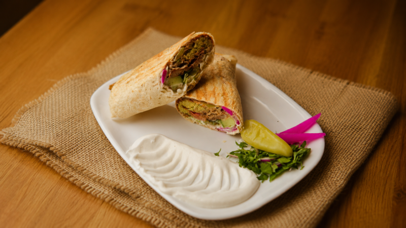 Falafel Sandwich with hummus and tahini - vegan Syrian Lebanese - falafel broodje - Op Saj Kareem Amsterdam